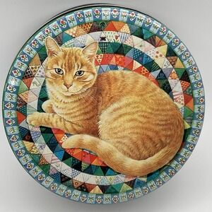 Vintage Orange Cat Tin 1989 5" Round Hunkydory England Quilt Black Gift